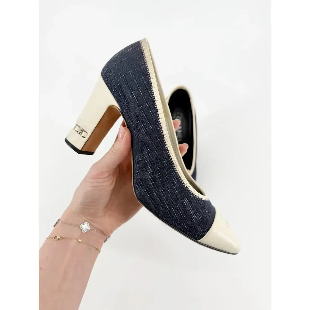 Chanel Chain Heel CC Denim Cap Toe Black Ivory Navy Pumps Block Heel 39 Box